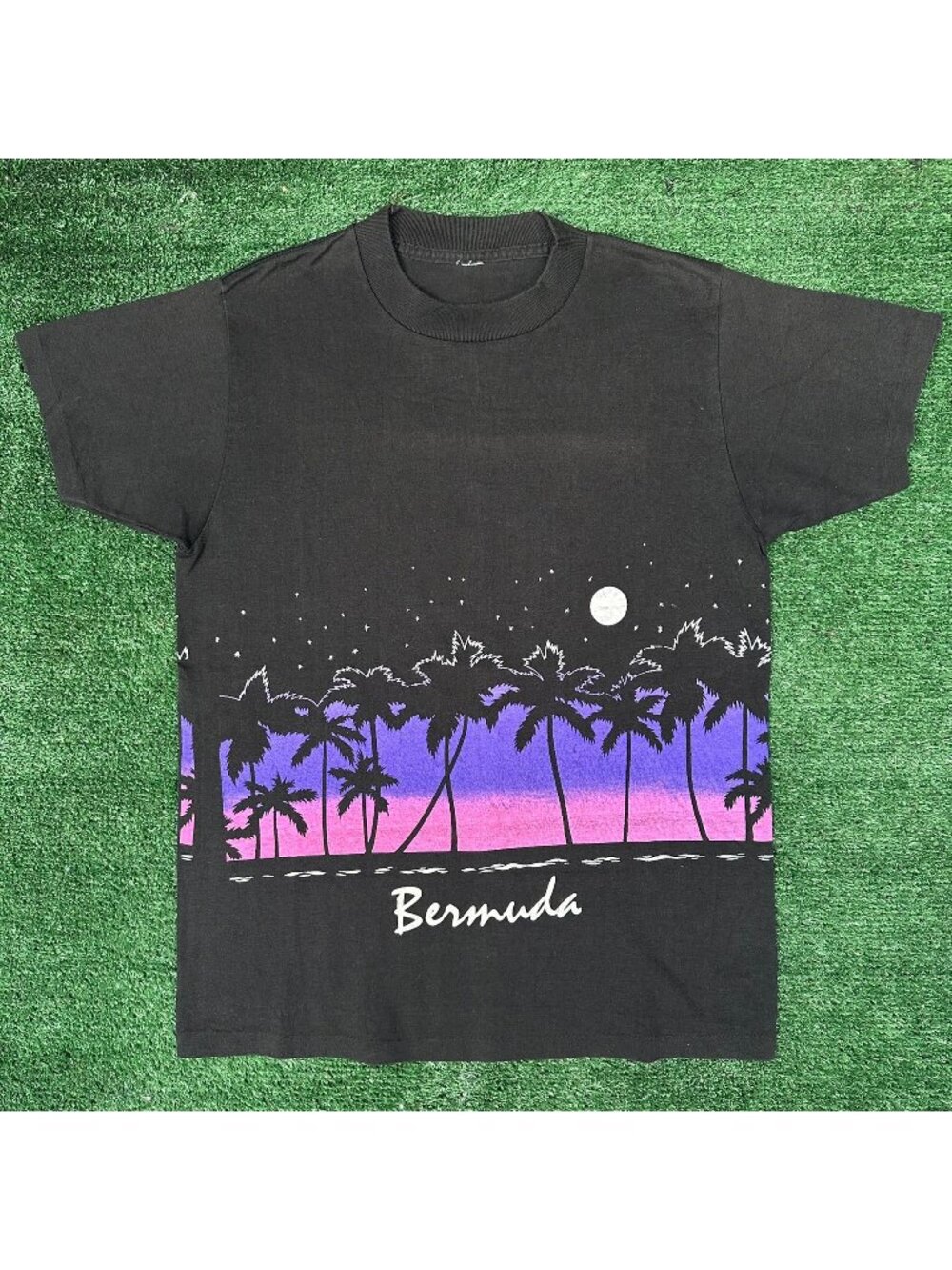 Vintage 80s Bermuda Neon Sunset T-Shirt Black M Tropical Single Stitch Surf Rave